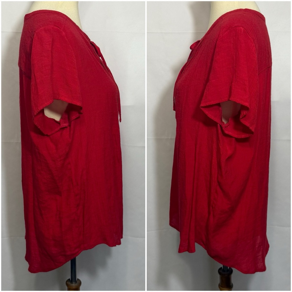 Liz Claiborne Size Large Red Short Sleeve Tie Front Blouse - Picture 3 of 12